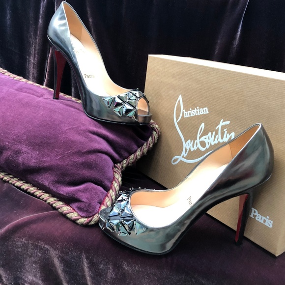 Louboutin Pewter Peep-Toe Studded Pumps - Picture 1 of 8